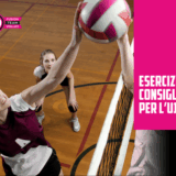 Giocatrici di pallavolo durante un'azione di gioco a rete, con il testo "Esercizi e Consigli per l'U18