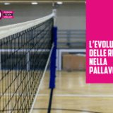 Rete da pallavolo in una palestra con il campo, con il testo "L'Evoluzione delle Regole nella Pallavolo"