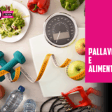 Pesi, metro da sarto, frutta e verdura su una bilancia, con il testo "Pallavolo e Alimentazione"