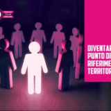 Figure stilizzate di persone che circondano una figura centrale illuminata, con il testo "Diventare Punto di Riferimento sul Territorio"